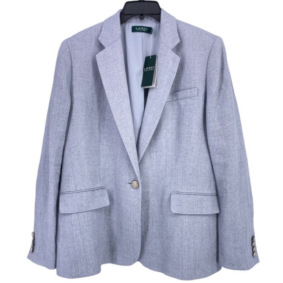 Ralph Lauren Blue Linen Herringbone Single Crested Button Blazer Womens Size 12 - Picture 1 of 5